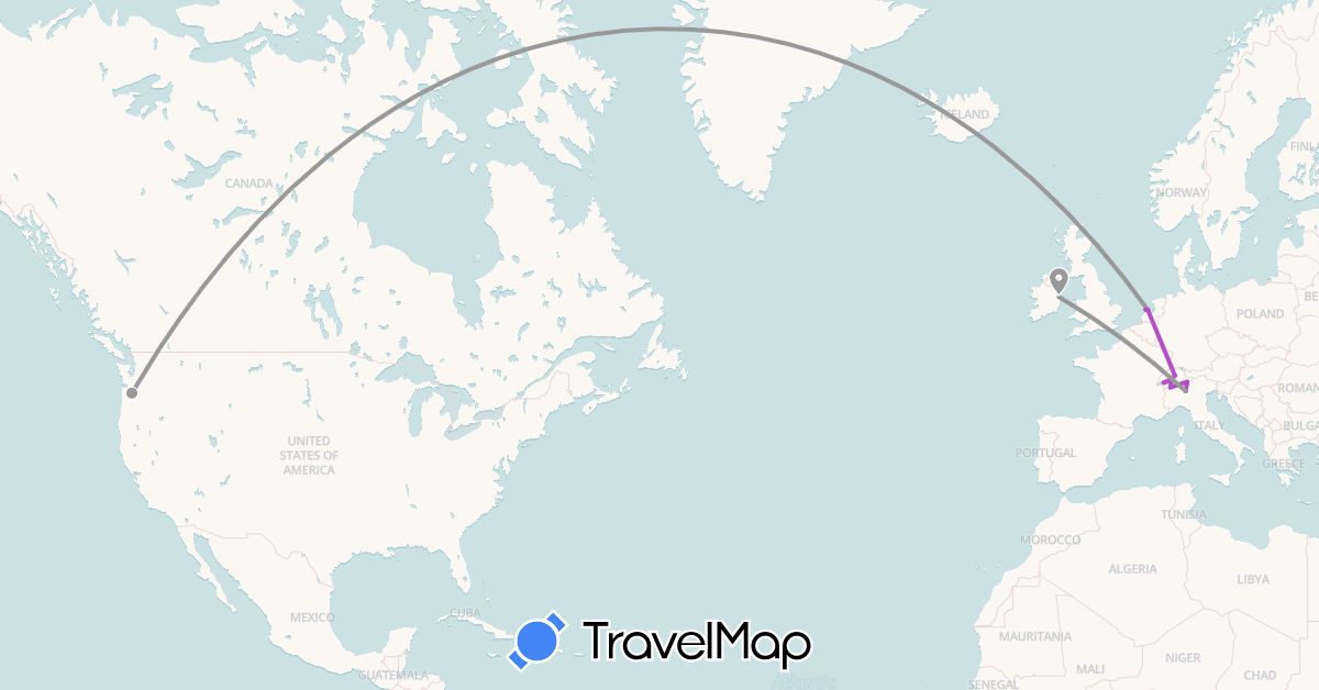 TravelMap itinerary: driving, plane, train in Switzerland, Ireland, Italy, Netherlands, United States (Europe, North America)